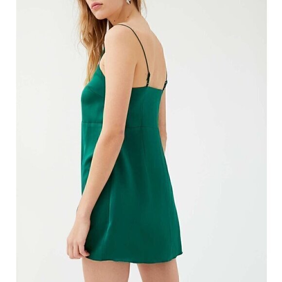 NEW NWT URBAN OUTFITTERS Padova Satin Slip Dress Emerald Green Button Front Mini - Picture 4 of 16